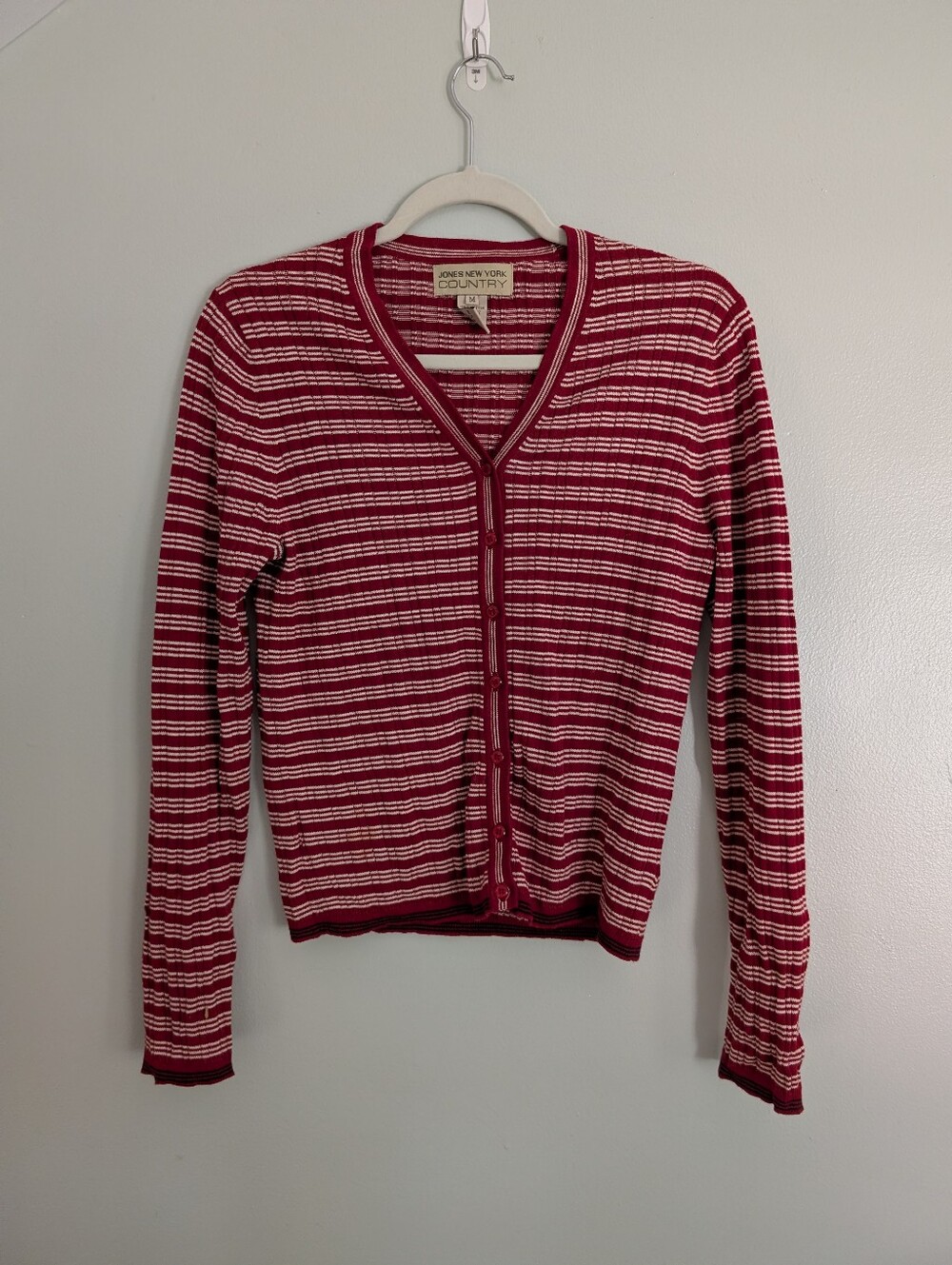 Vtg 90s Country Road Red and White Striped Button-Front V-Neck Cardigan Cotton